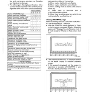 Peut inclure: Page d'un manuel d'&eacute;quipement Komatsu avec un tableau r&eacute;pertoriant les affichages et fonctions du mode op&eacute;rateur. La page comprend des sch&eacute;mas du logo Komatsu sur un &eacute;cran et du texte sur les tests et les r&eacute;glages.