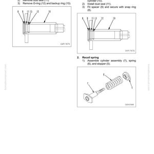 May include: Diagram of a cylinder assembly with labels and arrows. The image shows the disassembly and assembly of a recoil spring assembly. Includes parts like snap rings, spacers, O-rings, and dust seals.