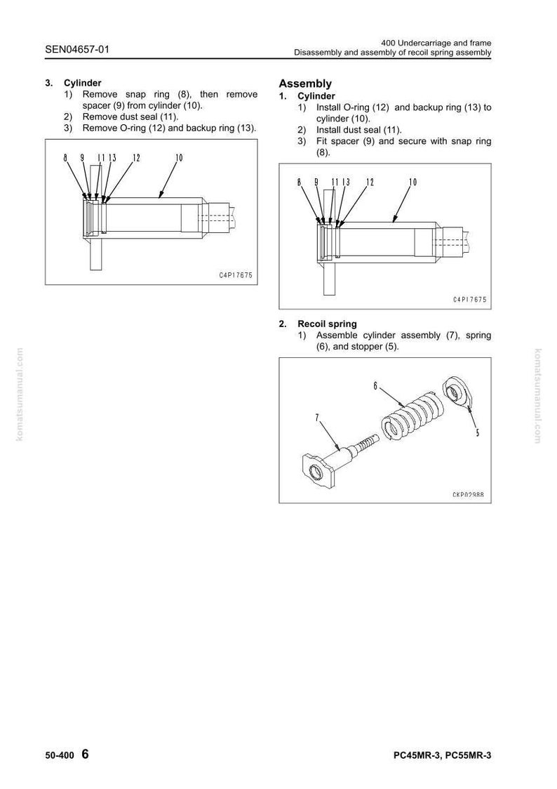 May include: Diagram of a cylinder assembly with labels and arrows. The image shows the disassembly and assembly of a recoil spring assembly. Includes parts like snap rings, spacers, O-rings, and dust seals.