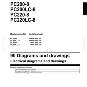 May include: A shop manual for a hydraulic excavator, featuring the models PC200-8, PC200LC-8, PC220-8, and PC220LC-8. The manual includes diagrams and drawings, with a focus on electrical diagrams and circuit arrangements.
