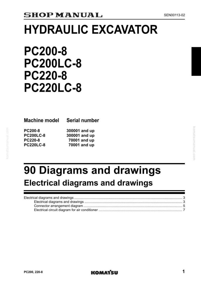 May include: A shop manual for a hydraulic excavator, featuring the models PC200-8, PC200LC-8, PC220-8, and PC220LC-8. The manual includes diagrams and drawings, with a focus on electrical diagrams and circuit arrangements.
