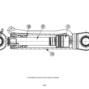 K&ouml;nnte beinhalten: Detaillierte Schwarz-Wei&szlig;-Schnittansicht eines Hydraulikzylinders, beschriftet mit den Buchstaben A bis E. Das Diagramm enth&auml;lt Abmessungen und interne Komponenten, mit dem Text "LX1037398-UN: Sectional View, Hydraulic Cylinder" unten.