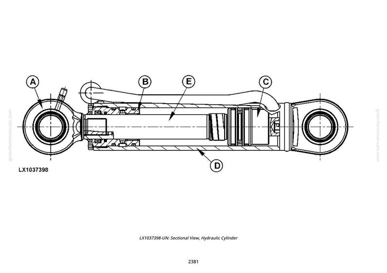K&ouml;nnte beinhalten: Detaillierte Schwarz-Wei&szlig;-Schnittansicht eines Hydraulikzylinders, beschriftet mit den Buchstaben A bis E. Das Diagramm enth&auml;lt Abmessungen und interne Komponenten, mit dem Text "LX1037398-UN: Sectional View, Hydraulic Cylinder" unten.