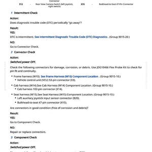 May include: A detailed technical document with a legend and numbered sections. The document includes instructions for intermittent checks, connector checks, and component checks. It lists various connectors and their locations, such as the vehicle control unit and cab harness.