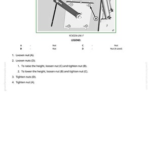 Puede incluir: Diagrama de un componente mec&aacute;nico con las etiquetas A, B, C y D, e instrucciones para aflojar y apretar tuercas. El texto incluye "YC4324-UN: f" y "LEYENDA:" con una lista de pasos para el ajuste.