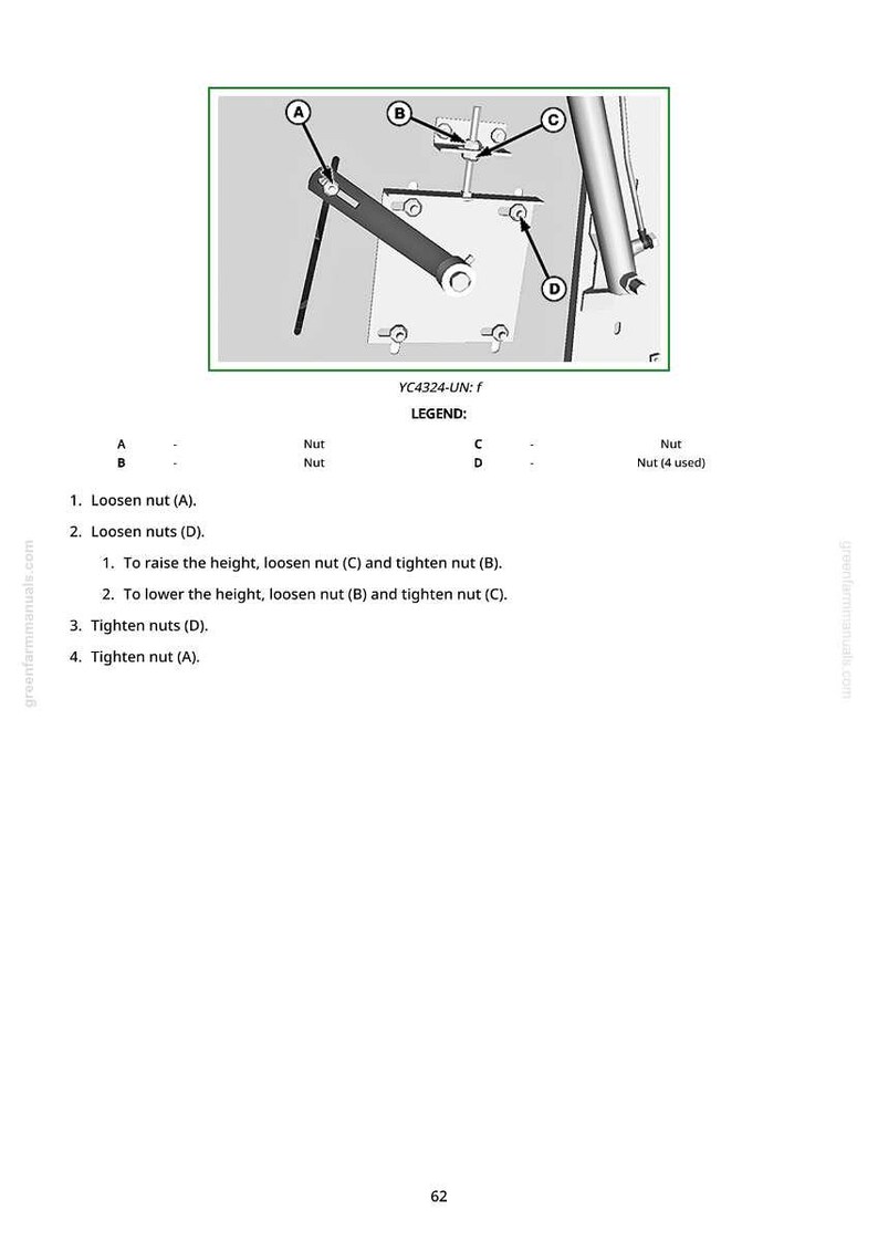 Puede incluir: Diagrama de un componente mec&aacute;nico con las etiquetas A, B, C y D, e instrucciones para aflojar y apretar tuercas. El texto incluye "YC4324-UN: f" y "LEYENDA:" con una lista de pasos para el ajuste.
