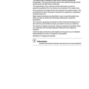 May include: A page from a repair manual titled "Notes on the repair manual." The text explains the manual's role in ensuring machine functionality through maintenance and after-sales monitoring. The page includes the text "Information" and "Careful and prudent working is the best way to avoid accidents!"