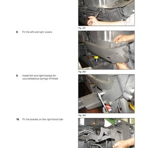 May include: A page from a Fendt 500 Vario S4 manual, showing engine and exhaust system assembly steps. The images illustrate fitting hydraulic connections, covers, brackets, and counterbalance springs. Text includes "Fit the hydraulic connections" and "Fit the left and right covers."