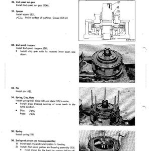 K&ouml;nnte beinhalten: Diagramm zur Demontage und Montage eines Hydroshift-Getriebes. Das Bild zeigt detaillierte Illustrationen von Komponenten wie Zahnr&auml;dern, Federn und Platten mit Teilenummern und Anweisungen. Der Text gibt an, dass das Gewicht der 2. Gangkolben- und Geh&auml;usebaugruppe 18 kg betr&auml;gt.