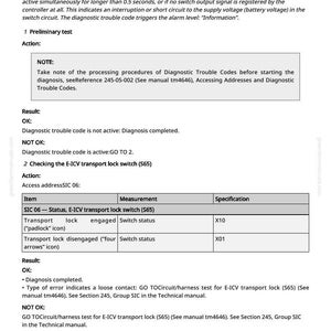 May include: A technical document titled "SIC 334060.14 - E-ICV, Transport Lock Switch is Faulty." It details diagnostic procedures for a transport lock switch, including results and specifications. The text is black on a white background.