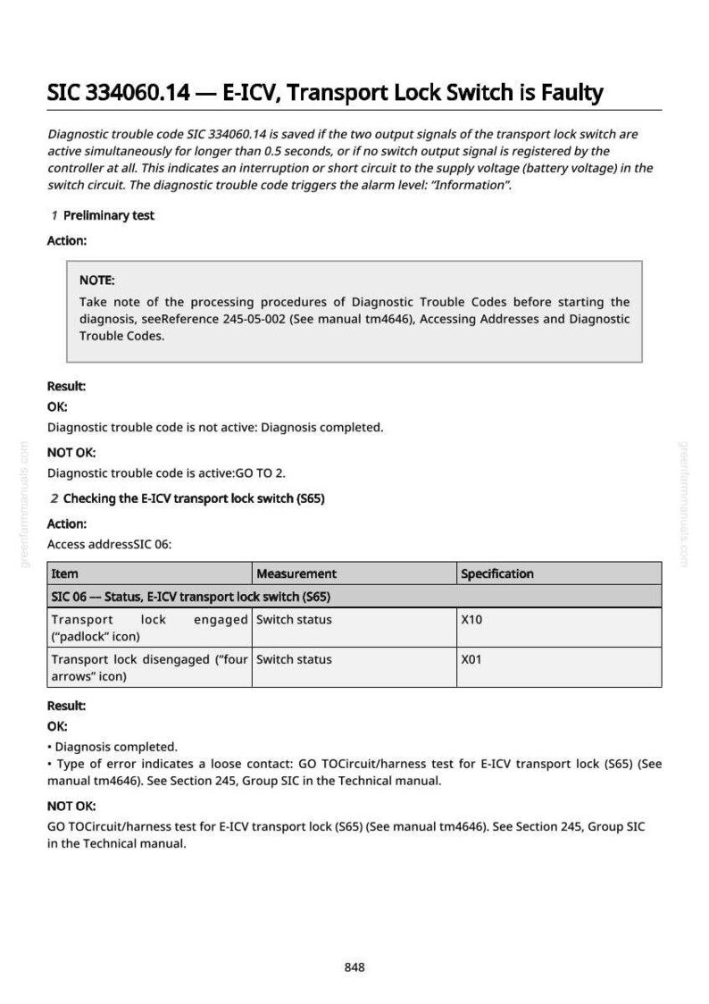 May include: A technical document titled "SIC 334060.14 - E-ICV, Transport Lock Switch is Faulty." It details diagnostic procedures for a transport lock switch, including results and specifications. The text is black on a white background.