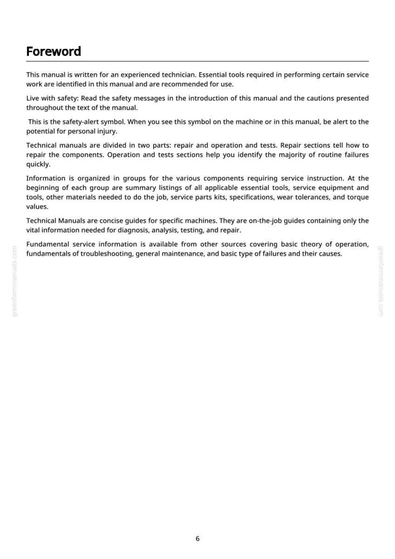May include: A page from a technical manual titled "Foreword." The text describes the manual's purpose, safety instructions, and organisation. It covers repair, operation, testing, and essential tools for technicians. The page includes the website address greenfarmmanuals.com.