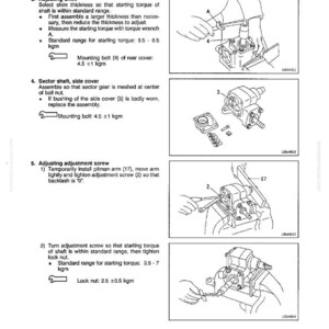 May include: Diagram from a manual showing the disassembly and assembly of a steering gear box. The illustrations show steps for adjusting shims, sector shafts, and adjustment screws. Text includes torque specifications.