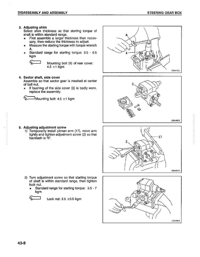 May include: Diagram from a manual showing the disassembly and assembly of a steering gear box. The illustrations show steps for adjusting shims, sector shafts, and adjustment screws. Text includes torque specifications.