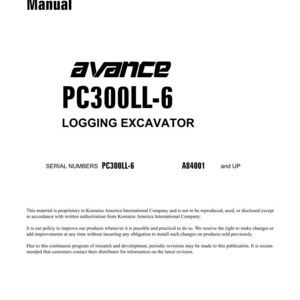 May include: A white shop manual with the title "Shop Manual" at the top. The manual's cover features the "avance PC300LL-6 LOGGING EXCAVATOR" logo. The manual is dated January 2002.