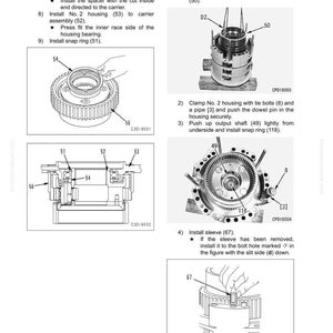 May include: Diagram of a transmission assembly with numbered steps and component labels. Includes images of gears, housings, and other mechanical parts. Text instructions detail the assembly process.