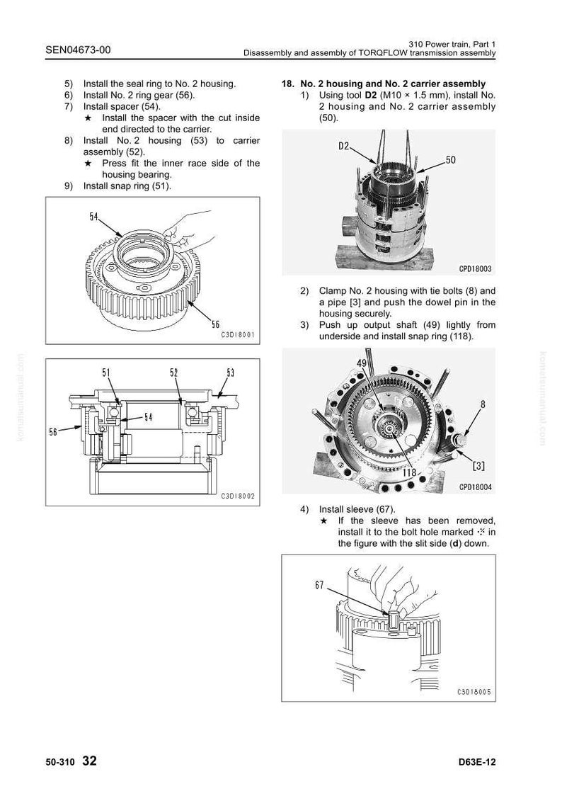 May include: Diagram of a transmission assembly with numbered steps and component labels. Includes images of gears, housings, and other mechanical parts. Text instructions detail the assembly process.