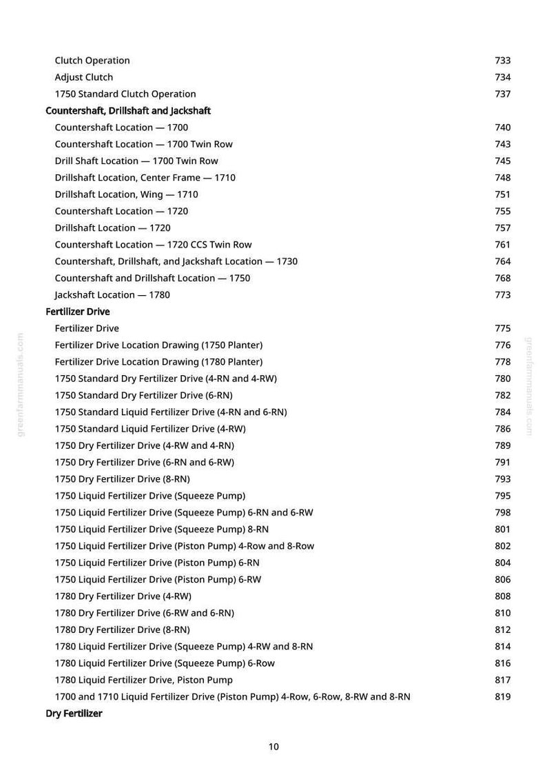 May include: A page from a manual detailing agricultural machinery components, including clutch operation, countershafts, and fertilizer drives. The text is black on a white background, with page numbers on the right.