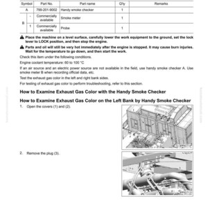 May include: Diagram from a manual titled "Examine Exhaust Gas Color". It includes a table with part numbers and names, and instructions with illustrations on how to examine exhaust gas color using a handy smoke checker and probe.