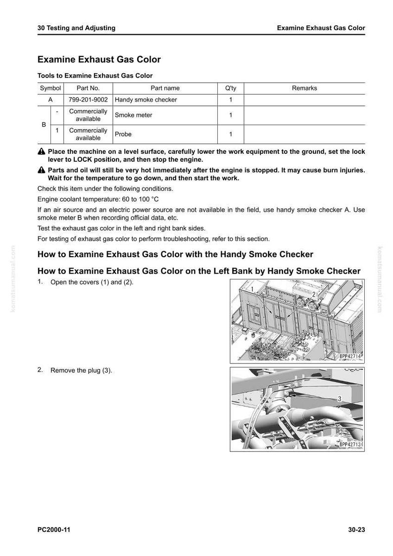 May include: Diagram from a manual titled "Examine Exhaust Gas Color". It includes a table with part numbers and names, and instructions with illustrations on how to examine exhaust gas color using a handy smoke checker and probe.
