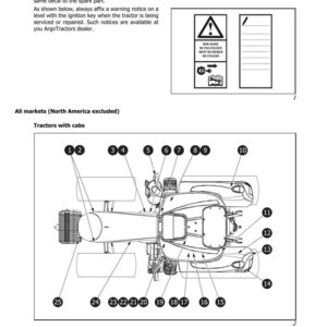 May include: Diagram of a tractor with cab, labeled with numbers 1-25. The diagram includes safety warning symbols and text in multiple languages. The text includes "DANGER SIGNS" and "Tractors with cabs".