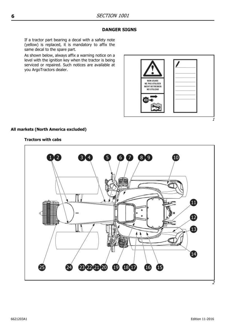 May include: Diagram of a tractor with cab, labeled with numbers 1-25. The diagram includes safety warning symbols and text in multiple languages. The text includes "DANGER SIGNS" and "Tractors with cabs".