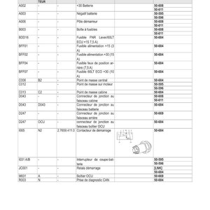 May include: An electrical schematic diagram with a table detailing circuit components, including fuses, connectors, and battery connections. The diagram provides codes, descriptions, and links to wiring harnesses for automotive applications.