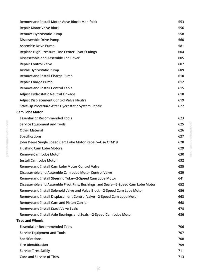 May include: A page from a manual with a list of mechanical repair procedures, including "Remove and Install Motor Valve Block" and "Repair Control Valve." The page also lists "Tires and Wheels" procedures. The number "10" is at the bottom.