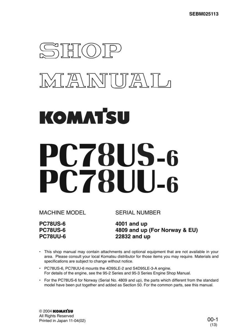 May include: A shop manual from Komatsu, featuring the models PC78US-6 and PC78UU-6. The cover displays the text "SHOP MANUAL" and the Komatsu logo in bold, black lettering. Includes machine model and serial number information.