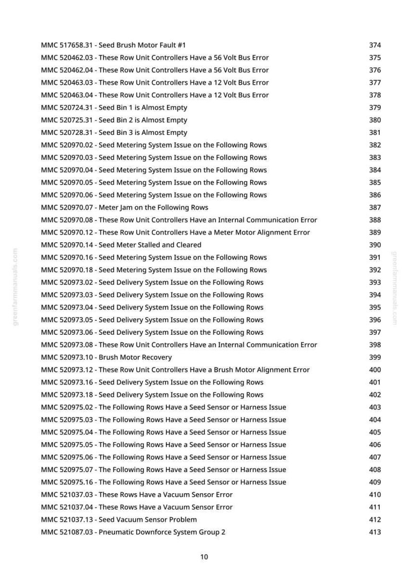 May include: A list of error messages and codes related to agricultural machinery, including issues with seed metering, delivery systems, and sensor problems. The text is displayed in a clear, easy-to-read format.