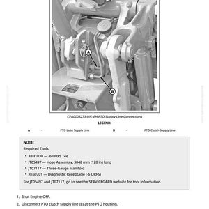 以下が含まれることがあります： 「Install Test Equipment 50-5」と題された機器の設置図。画像には、AとBのラベルが付いた機械部品と、必要なツールと手順のリストが表示されています。
