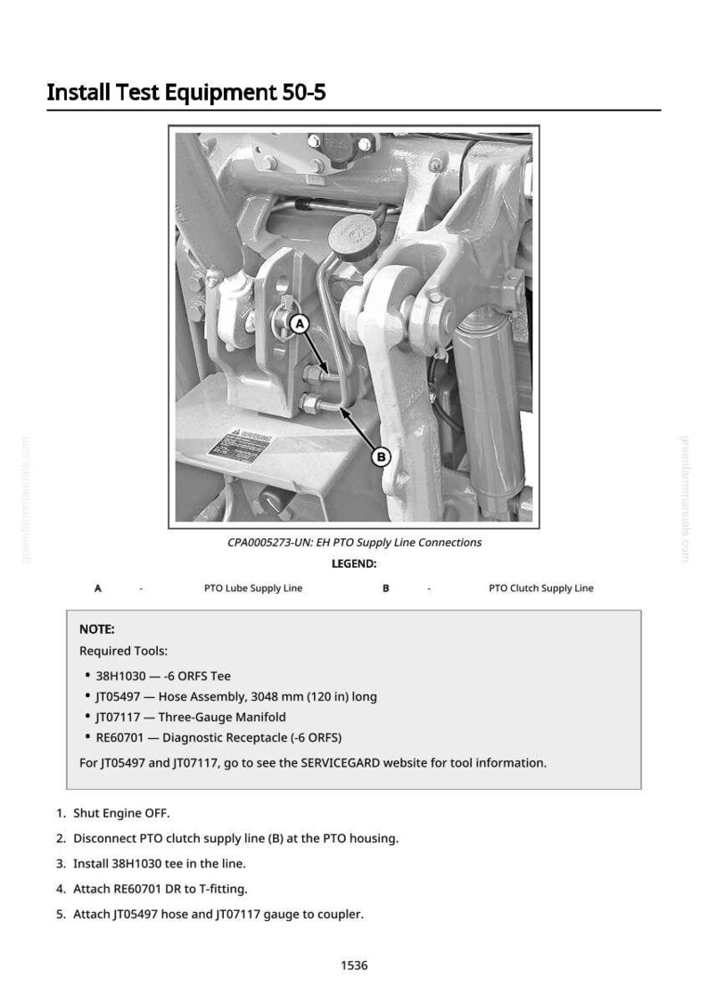 以下が含まれることがあります： 「Install Test Equipment 50-5」と題された機器の設置図。画像には、AとBのラベルが付いた機械部品と、必要なツールと手順のリストが表示されています。