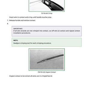 May include: Image showing a crimping tool and a contact. The text "TS118-UN: Crimp" is visible. Instructions include inserting wire, crimping, and releasing. Another image shows a contact labeled "TS0135-UN: Inspect Contact".