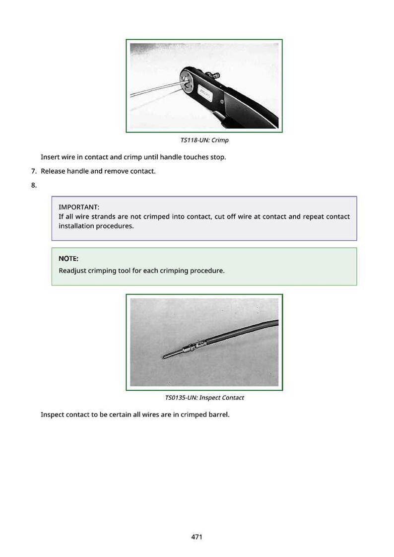 May include: Image showing a crimping tool and a contact. The text "TS118-UN: Crimp" is visible. Instructions include inserting wire, crimping, and releasing. Another image shows a contact labeled "TS0135-UN: Inspect Contact".