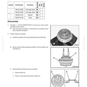 May include: A technical diagram detailing the disassembly and assembly of a torque converter. The image includes a parts list with part numbers and names, along with diagrams illustrating the process. The text includes instructions and labels for each step.