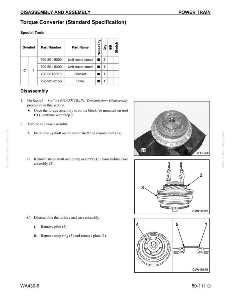 May include: A technical diagram detailing the disassembly and assembly of a torque converter. The image includes a parts list with part numbers and names, along with diagrams illustrating the process. The text includes instructions and labels for each step.