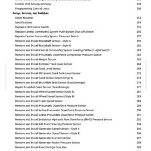 May include: A manual page detailing agricultural machinery components, such as sensors, switches, and control units. The text is black on white, with page numbers on the right-hand side.