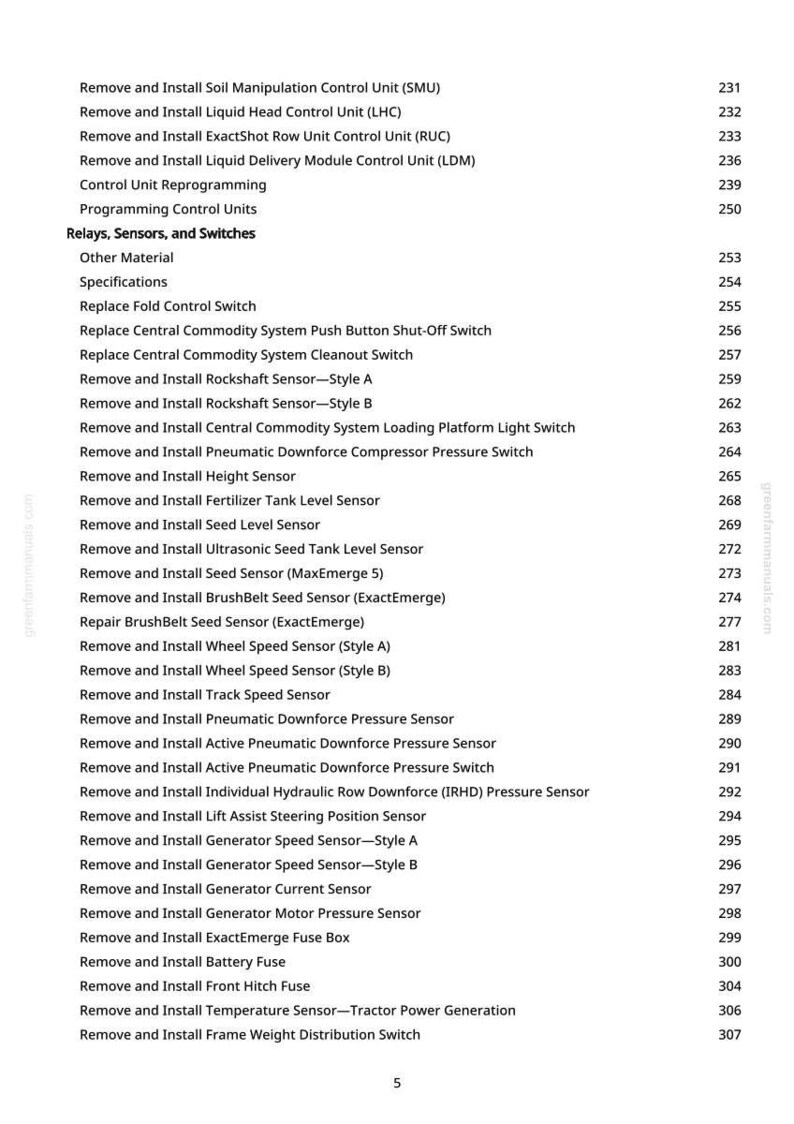 May include: A manual page detailing agricultural machinery components, such as sensors, switches, and control units. The text is black on white, with page numbers on the right-hand side.