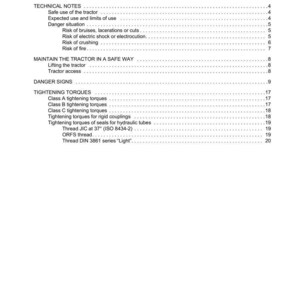 May include: A white document titled "CONTENTS" detailing tractor-related information. Sections include "INTRODUCTION", "TECHNICAL NOTES", and "TIGHTENING TORQUES". The document is for ARGO TRACTORS, with safety and technical data.
