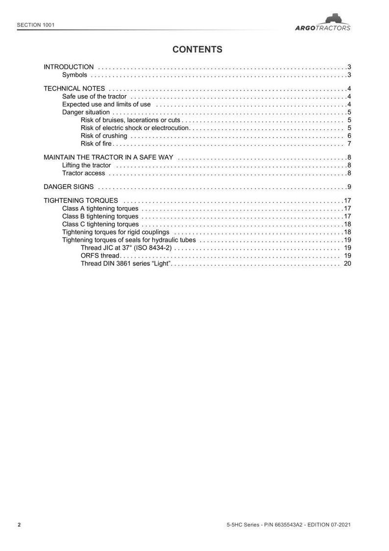 May include: A white document titled "CONTENTS" detailing tractor-related information. Sections include "INTRODUCTION", "TECHNICAL NOTES", and "TIGHTENING TORQUES". The document is for ARGO TRACTORS, with safety and technical data.