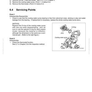 May include: Diagram from a manual detailing the cooling system's disassembly and servicing points. It features a diagram of a cooling water pump, O-ring, and joint. Text provides instructions for removing parts and checking for faults.