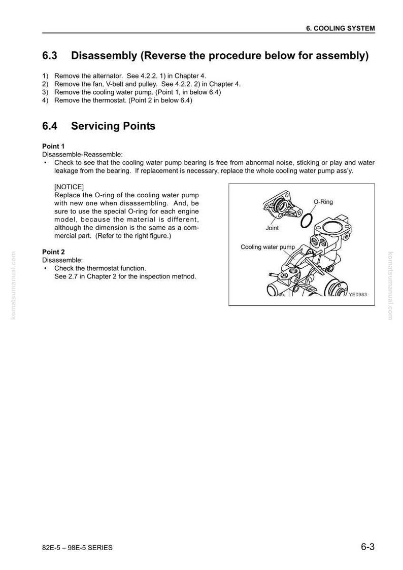 May include: Diagram from a manual detailing the cooling system's disassembly and servicing points. It features a diagram of a cooling water pump, O-ring, and joint. Text provides instructions for removing parts and checking for faults.
