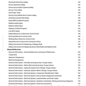May include: A white page detailing safety and technical information. The text includes topics such as "Use Proper Lifting Equipment," "Service Tires Safely," and "Electrical Designators." The page number is visible at the bottom.