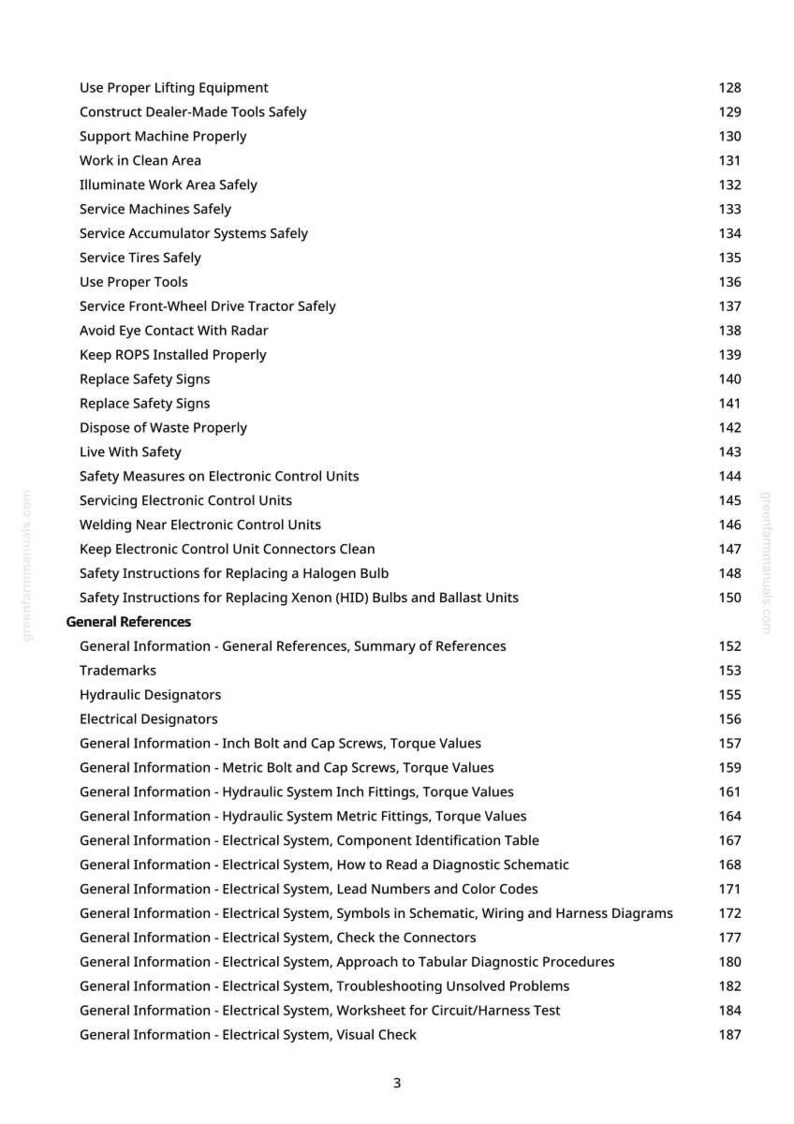 May include: A white page detailing safety and technical information. The text includes topics such as "Use Proper Lifting Equipment," "Service Tires Safely," and "Electrical Designators." The page number is visible at the bottom.