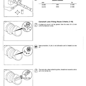 May include: Technical diagram from a shop manual detailing camshaft and gear inspection. Includes measurements in inches and millimeters, along with diagrams illustrating pitting reuse criteria. Text includes "Camshaft Lobe Pitting Reuse Criteria" and "Journal Diameter".