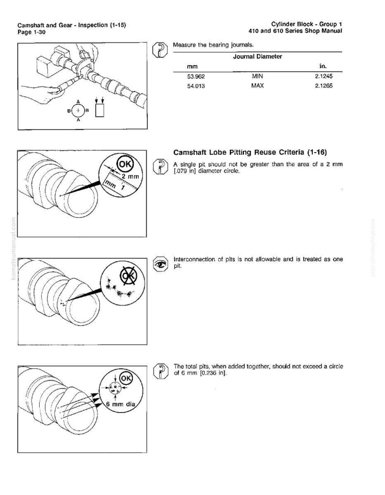 May include: Technical diagram from a shop manual detailing camshaft and gear inspection. Includes measurements in inches and millimeters, along with diagrams illustrating pitting reuse criteria. Text includes "Camshaft Lobe Pitting Reuse Criteria" and "Journal Diameter".