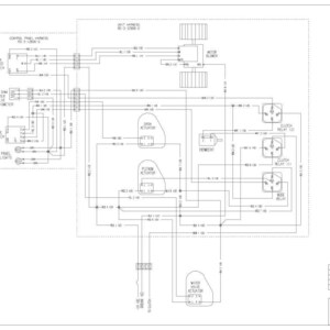 May include: A detailed electrical schematic diagram for heater and air conditioner controls. The diagram, in black and white, includes components like relays, actuators, and a fan speed switch, with text labels and connection lines.