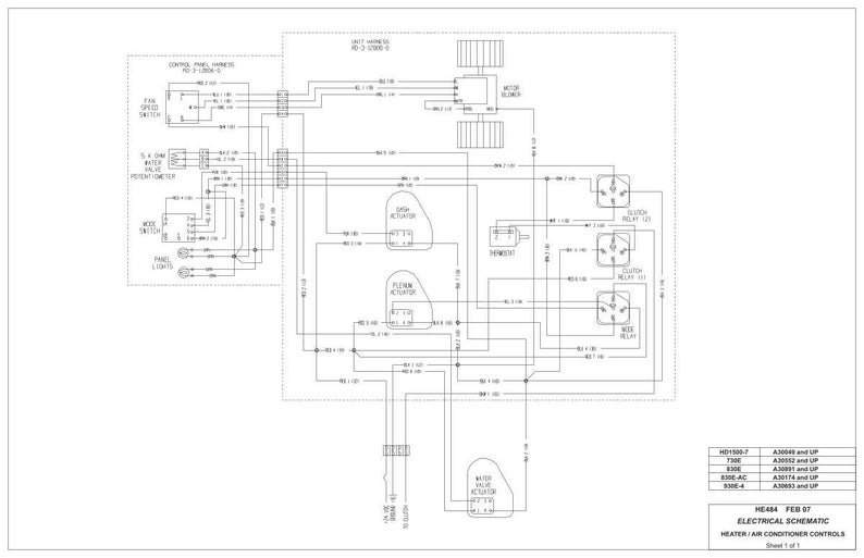 May include: A detailed electrical schematic diagram for heater and air conditioner controls. The diagram, in black and white, includes components like relays, actuators, and a fan speed switch, with text labels and connection lines.