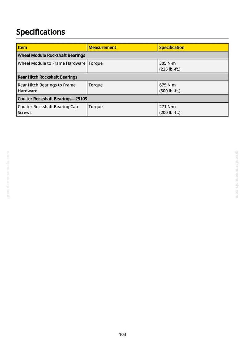 May include: A page from a manual titled "Specifications." It lists torque measurements for wheel module, rear hitch, and Coulter rockshaft bearings. Measurements are in Newton-meters and pound-feet.