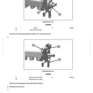 May include: Diagram of mechanical components, including a spacer, disk spring, and washer, labeled A, B, and C, respectively. The image also shows a position control shaft, flanged screw, and bracket. Text instructions are included.
